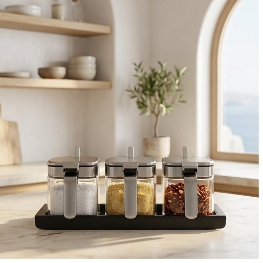 Glass Spice Jar Set with Built In Spoons, 10oz Countertop