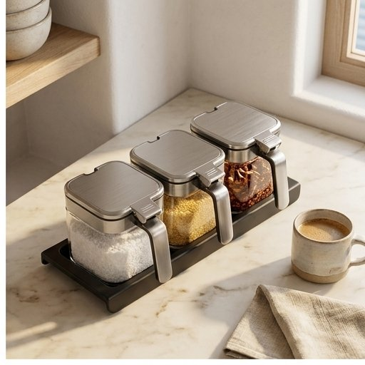 Glass Spice Jar Set with Built In Spoons, 10oz Countertop