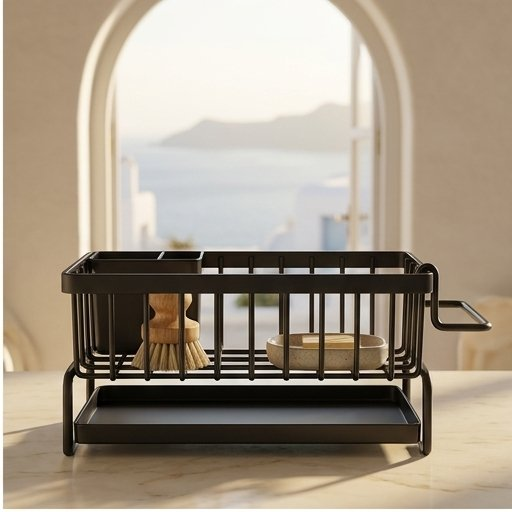 Sink Caddy with Drip Tray and Towel Bar, Black or White