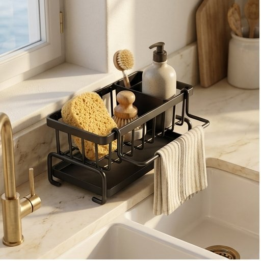 Sink Caddy with Drip Tray and Towel Bar, Black or White