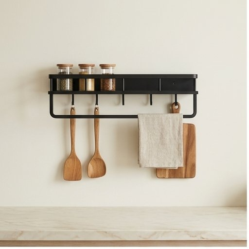 Wall Mounted Kitchen spice Rack with Hooks and Towel Bar