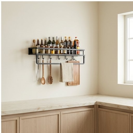 Wall Mounted Kitchen spice Rack with Hooks and Towel Bar