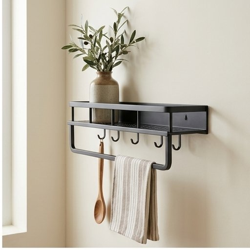 Wall Mounted Kitchen spice Rack with Hooks and Towel Bar